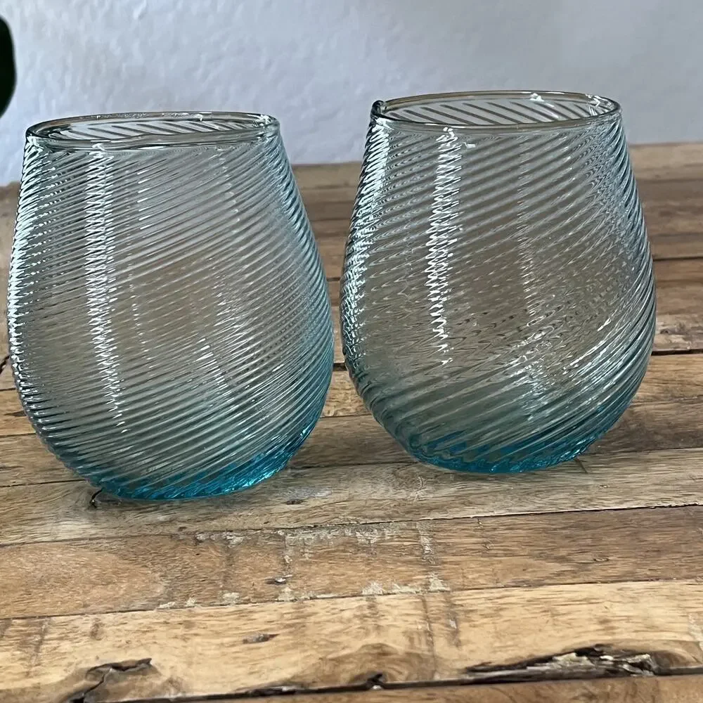 Aqua Blue Hand Blown Stemless Wine Glasses Spiral Design Set of 2